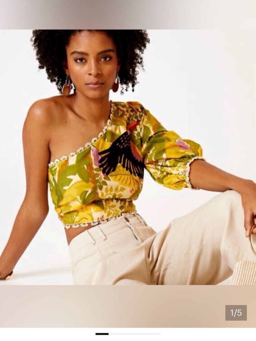 FARM Rio One-Shoulder Floral Puff-Sleeve Crop Top in Yellow and Green